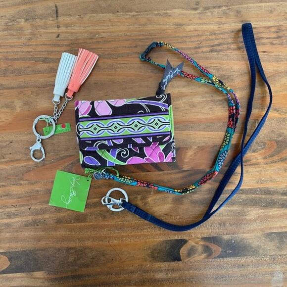 Vera Bradley Euro Wallet in Purple Punch + Double Tassle Keychain and 2 Lanyards - Picture 1 of 5